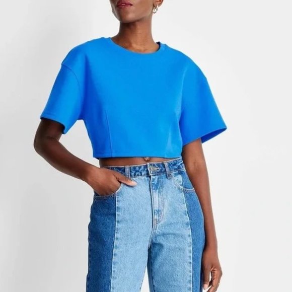 Future Collective Kahlana Barfield Brown Short Sleeve Boxy Cropped Top in Blue - Picture 1 of 6
